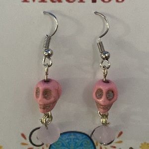 Handmade Pink Skull Earrings with bead dangle